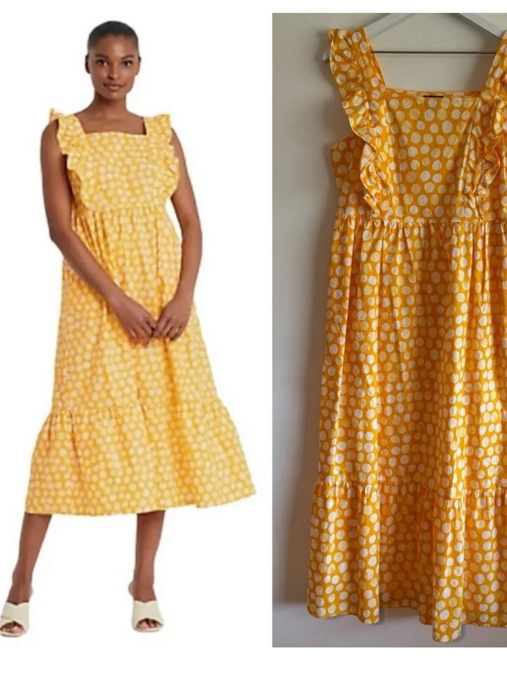 Who What Wear Ruffle Sleeveless Yellow Polka Dots Tiered Midi Dress small
